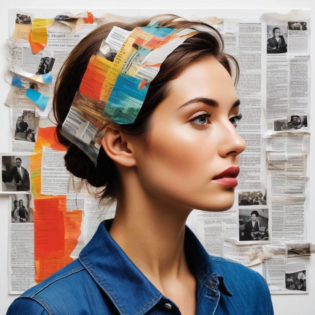 A thought-provoking collage of various editorial pieces, featuring vibrant newspaper clippings, digital reviews, and abstract reflections in a glass surface. Incorporate a multitude of perspectives represented through diverse human silhouettes gazing thoughtfully at the collaged items. Use warm, engaging colors to evoke curiosity and dialogue. super-realistic. vibrant colors. white background.