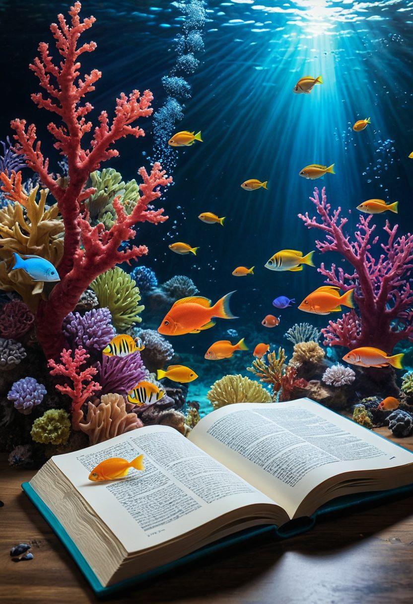 A deep ocean scene depicting a serene underwater world with vibrant coral reefs and diverse marine life. In the foreground, an open book with glowing pages illustrates thought-provoking articles, while bubbles rise to the surface symbolizing ideas beneath the waves. The light beams from above create a tranquil yet enlightening atmosphere, inviting exploration of knowledge. super-realistic. vibrant colors. 3D.