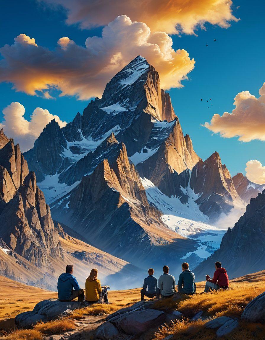 A vast landscape filled with towering mountains symbolizing deep thoughts and influential ideas, with various articles floating like clouds in the blue sky. In the foreground, a diverse group of people engaging in discussion and writing, capturing the essence of thought leadership. Soft light illuminating key phrases from the articles scattered around. super-realistic. vibrant colors. cinematic atmosphere.